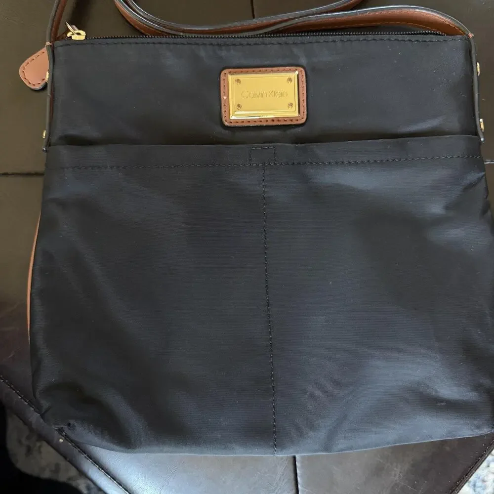 Calvin Klein Crossbody Bag Womens Medium Black Nylon Brown Trim Zip Pocket